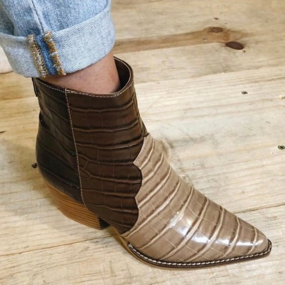 Natural/Brown/Coffee Crocodile Print Booties - Picture 1 of 2
